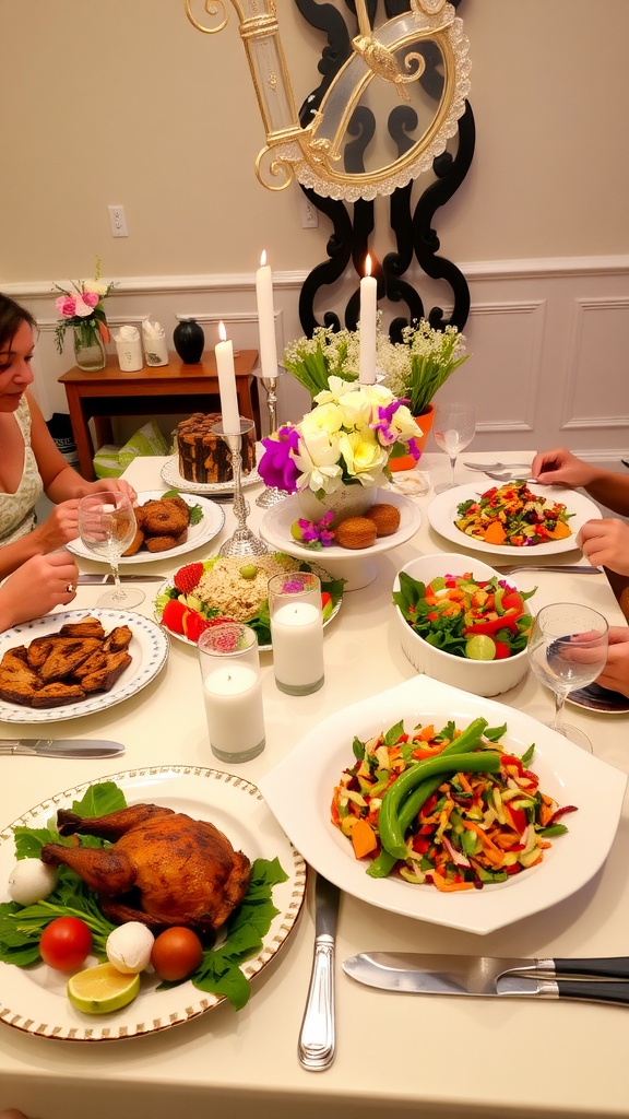 A festive dining table with delicious food and elegant decor, set for a warm dinner gathering.